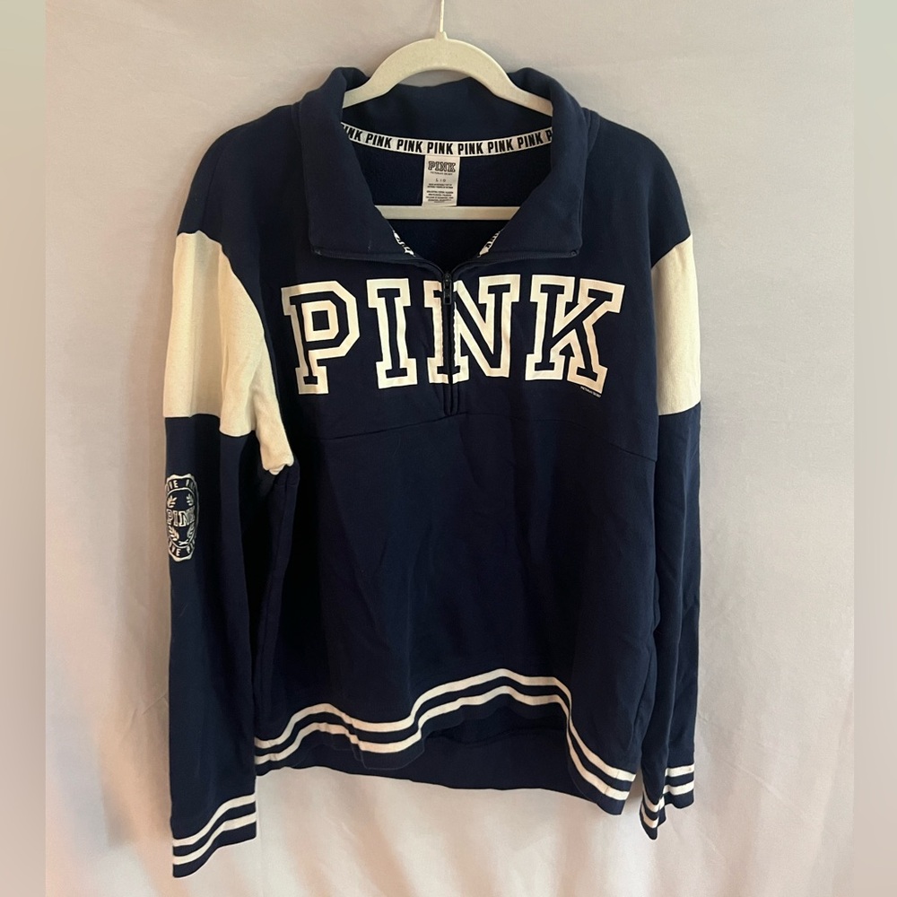 NAVY/WHITE VARSITY HALF ZIP JACKET FROM VICTORIA’S SECRET/PINK WITH EMBROIDERY